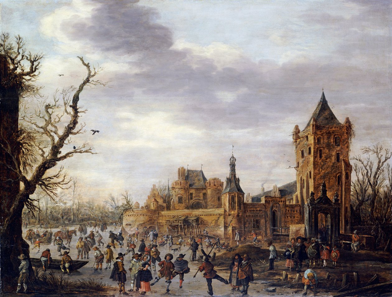 Näkymä Kasteel Batestein Viasesta talvella herrasmiehen, vaimonsa ja seuran kanssa katsomassa talviurheilua jäällä tekijältä Jan Josephsz van Goyen