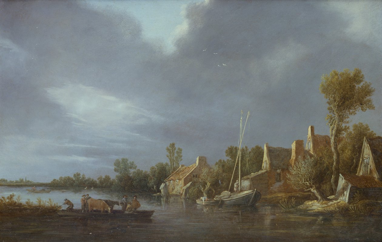 Kylä joen rannalla talonpoikien ja karjan kanssa lautalla tekijältä Jan Josephsz van Goyen