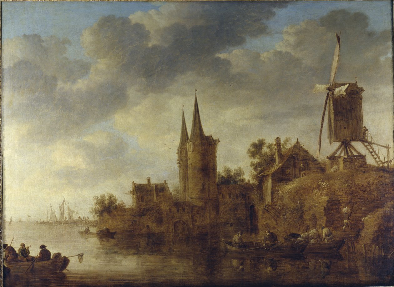 Jokimaisema, jossa on Oostportin capriccio, Delft, noin 1644 (öljy kankaalle). tekijältä Jan Josephsz van Goyen