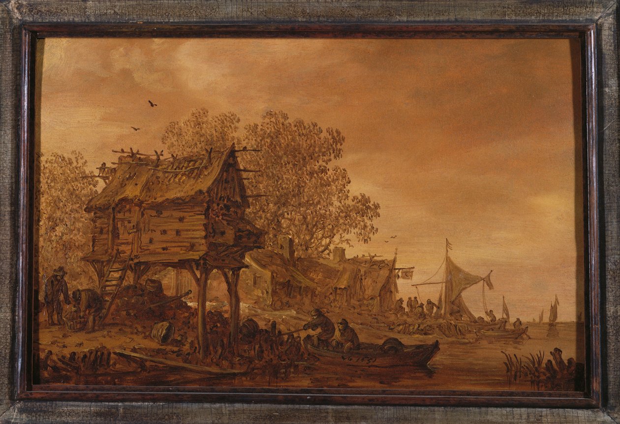 Kylä joen rannalla talonpoikien kanssa veneessä kyyhkysmajan vieressä, 1651 tekijältä Jan Josephsz van Goyen
