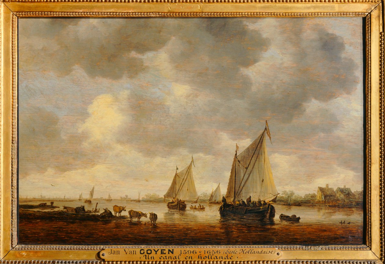 Deux grandes barques à voiles sur un fleuve et bestiaux près de la rive - Kaksi suurta purjevenettä joella ja eläimiä rannoilla ... tekijältä Jan Josephsz van Goyen