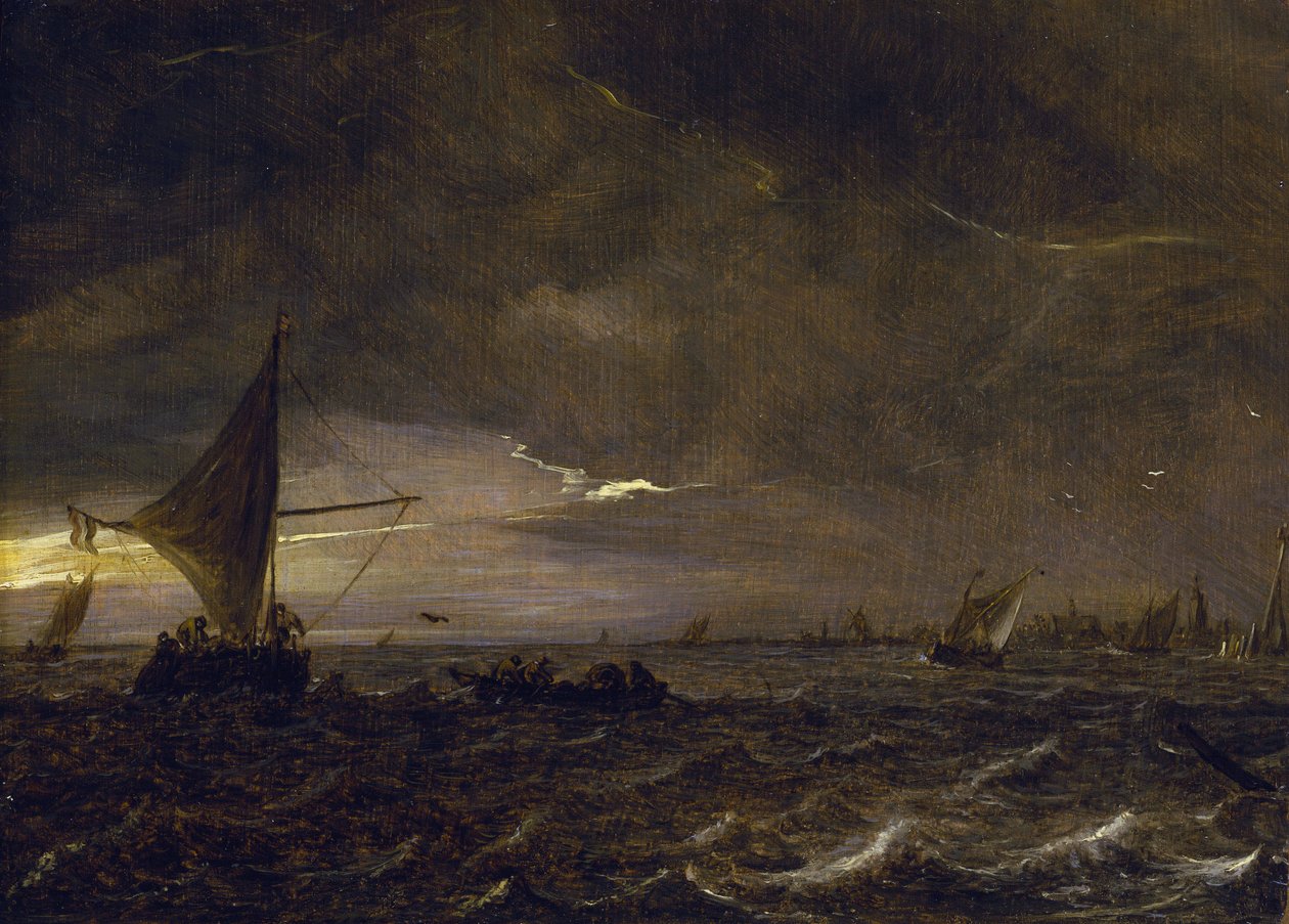 Kalastusveneet jokisuistossa iltahämärässä, näkymä kaupunkiin ja sen kellotorniin horisontissa. Jan van Goyenin (1596-1656) öljy puulle. tekijältä Jan Josephsz van Goyen