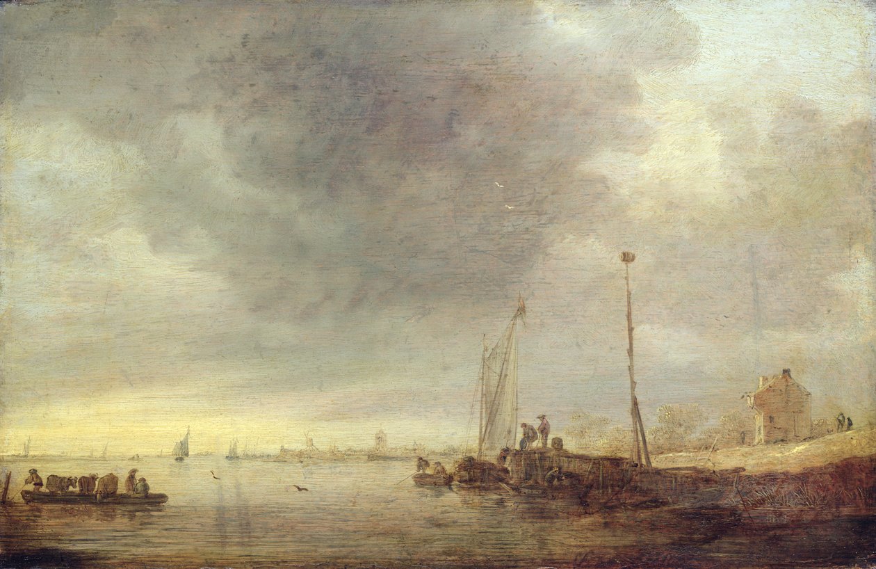 Maisema joen ja lautan kanssa, 1646 tekijältä Jan Josephsz van Goyen
