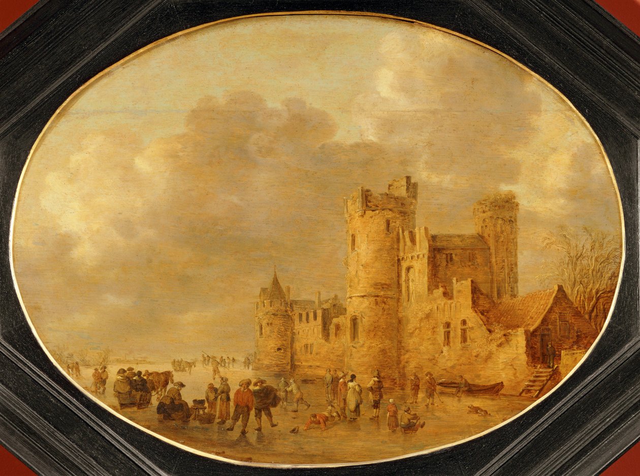 Luistelijat keskiaikaisen linnan edessä ... tekijältä Jan Josephsz van Goyen