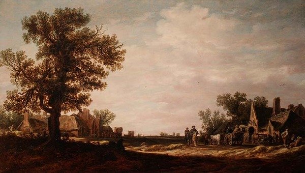 Kyläkohtaus hevosten ja kärryjen kanssa tekijältä Jan Josephsz van Goyen
