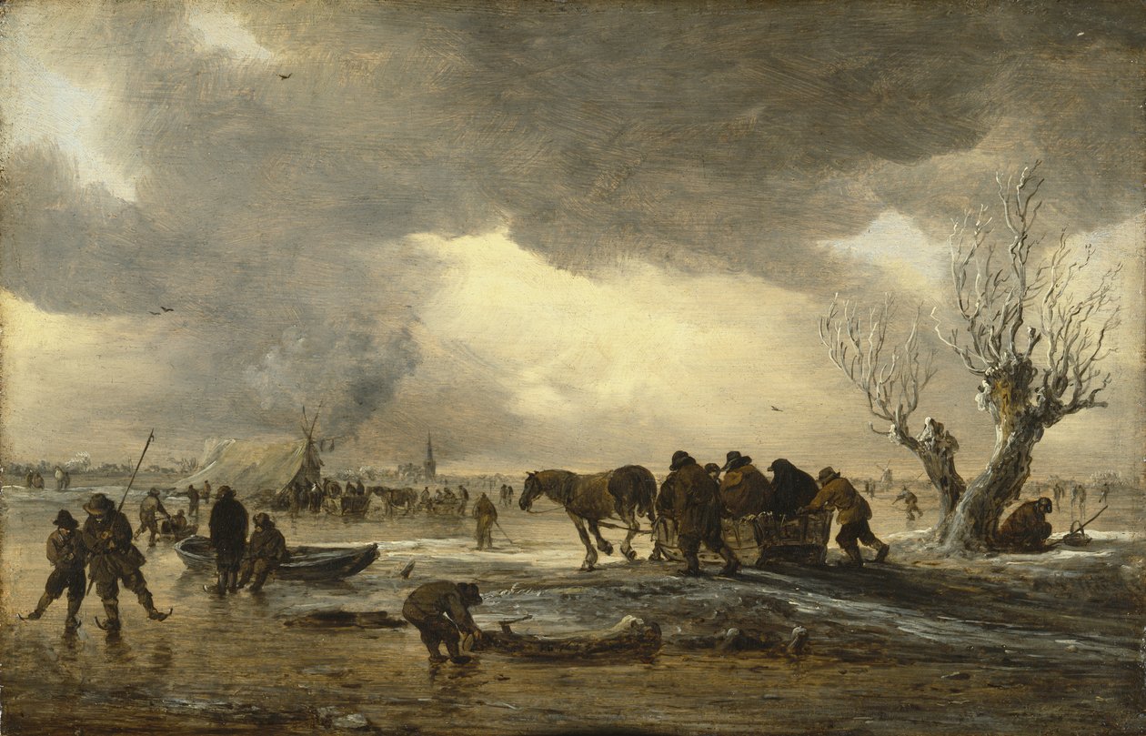 Talvimaisema, reki etualalla ja hahmot kerääntymässä teltan ympärille jäällä tekijältä Jan Josephsz van Goyen