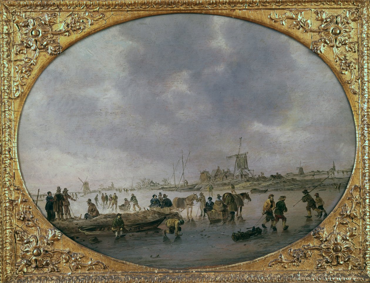 Talvikohtaus, jossa on hahmoja jäätyneellä järvellä (öljy paneelille) tekijältä Jan Josephsz van Goyen