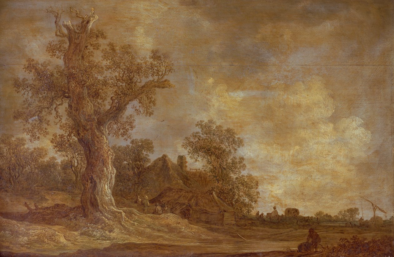 Metsäinen maisema hahmoilla ja tammipuulla tekijältä Jan Josephsz van Goyen