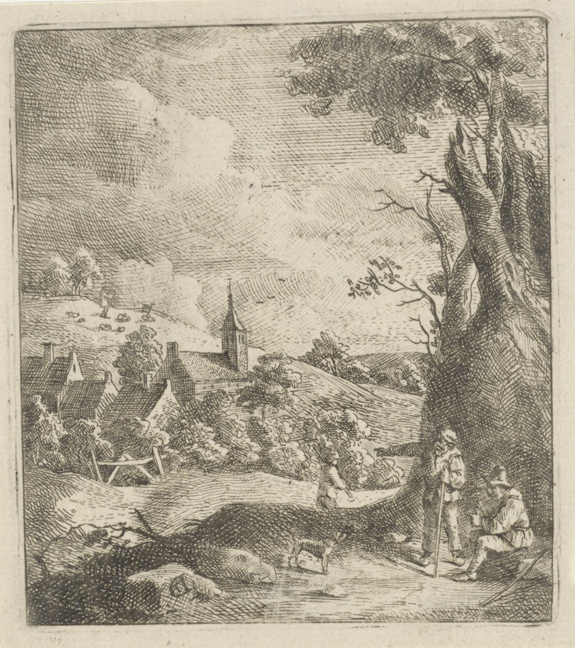 Maisema kylä ja kaksi miestä puun vieressä tekijältä Jan Lauwryn Krafft (I) (attributed to)