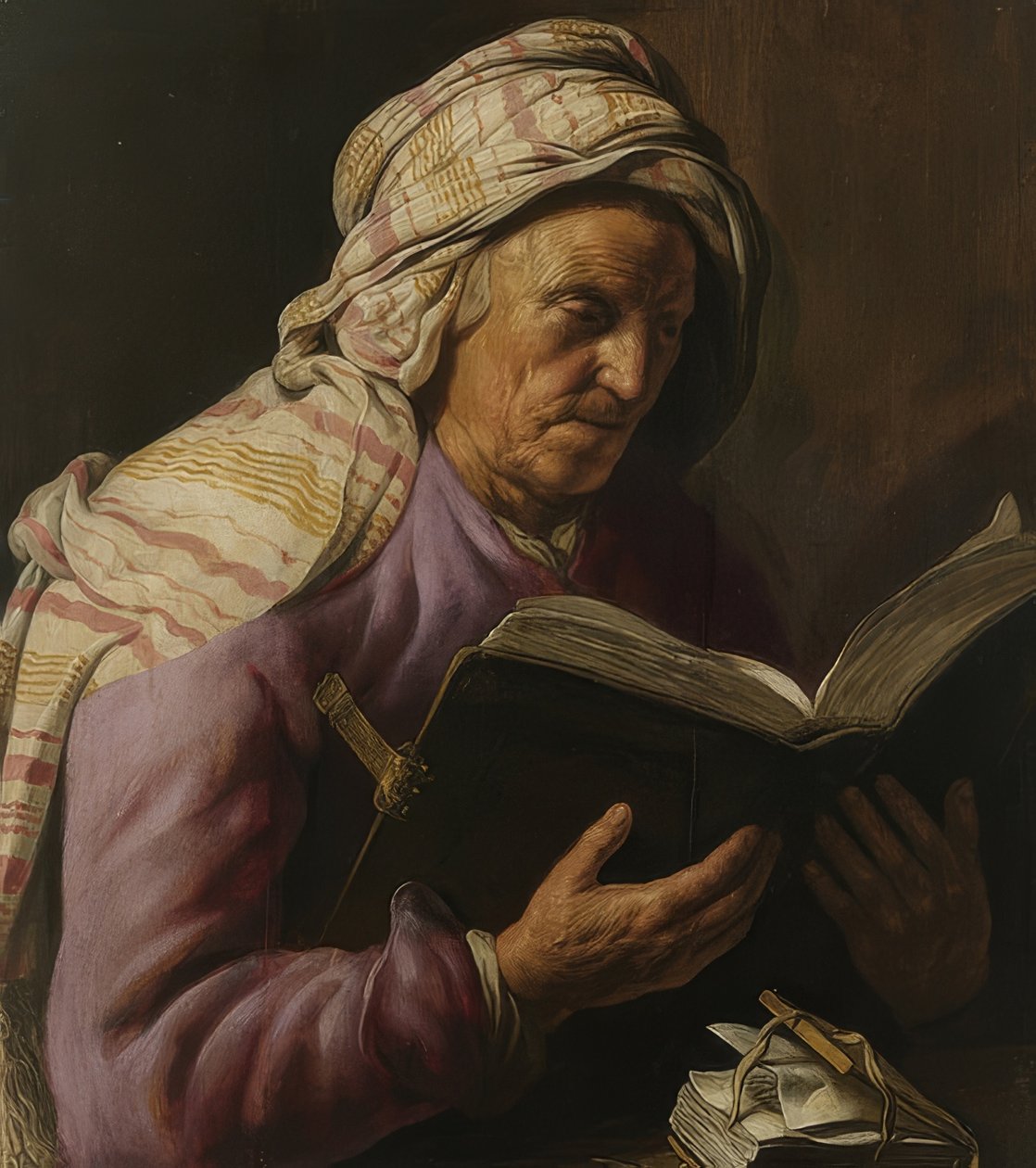 Lukeva vanha nainen. 1626-33 tekijältä Jan Lievens