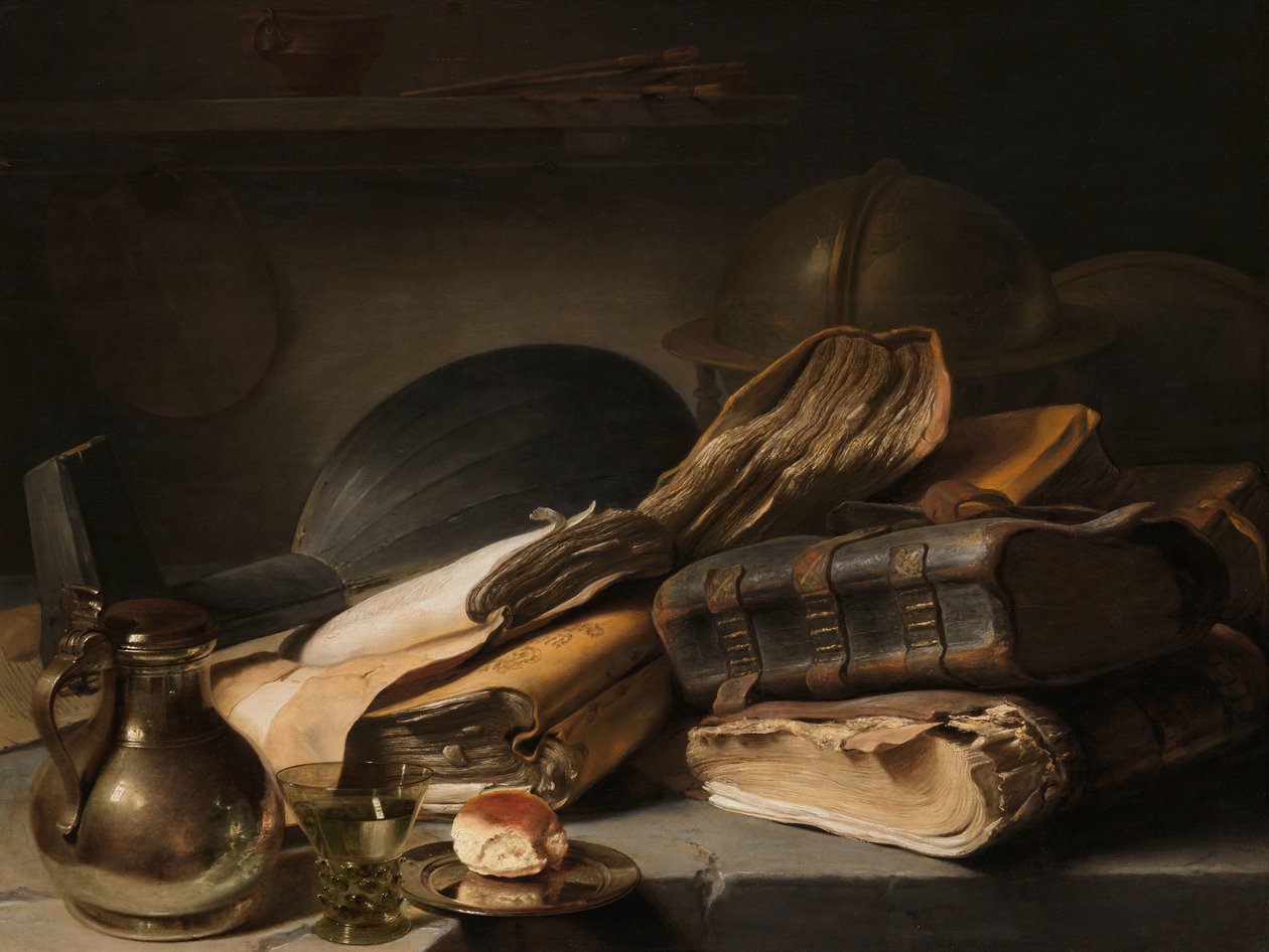 Asetelma kirjojen kanssa Vanitas asetelma tekijältä Jan Lievens