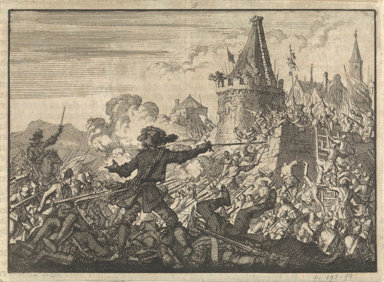 Hugenottien puolustaman Livronin muurien torjuttu hyökkäys, 1574 tekijältä Jan Luyken