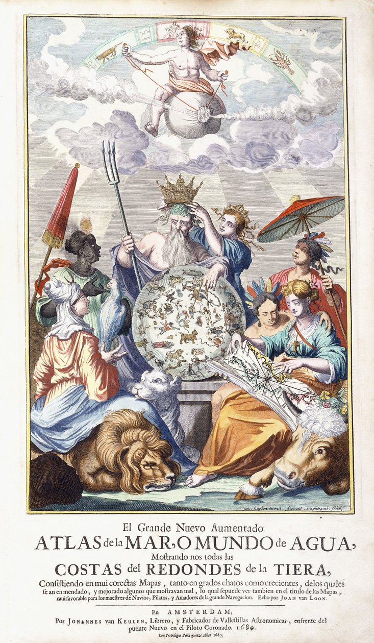 Allegorinen otsikkosivu, "The Great New Augmented Atlas of the Sea, 1680 tekijältä Jan Luyken