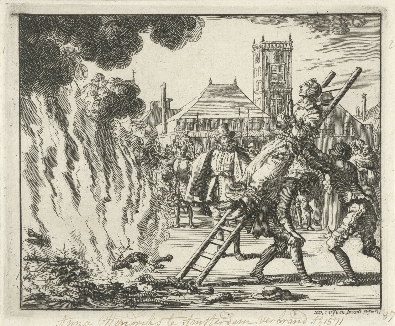 Anneken Hendriks, sidottu tikkaille, poltettu Amsterdamissa, 1571, 1685 tekijältä Jan Luyken