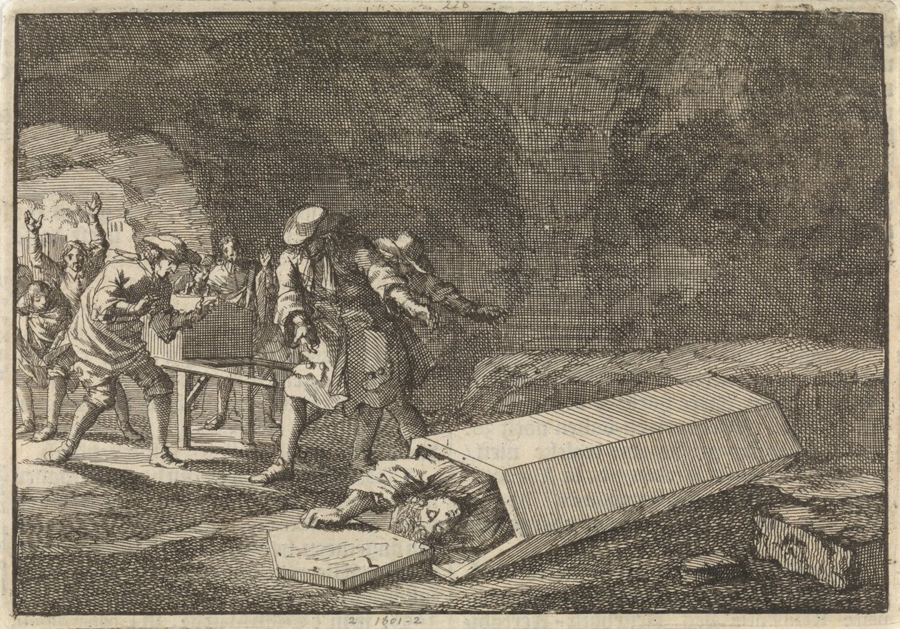 Rooman hautauspalvelijat näkevät, että Antonio Marlini, jonka he olivat hautaaneet holviin muutama päivä aiemmin, oli ilmeisesti kuollut, 1696 tekijältä Jan Luyken