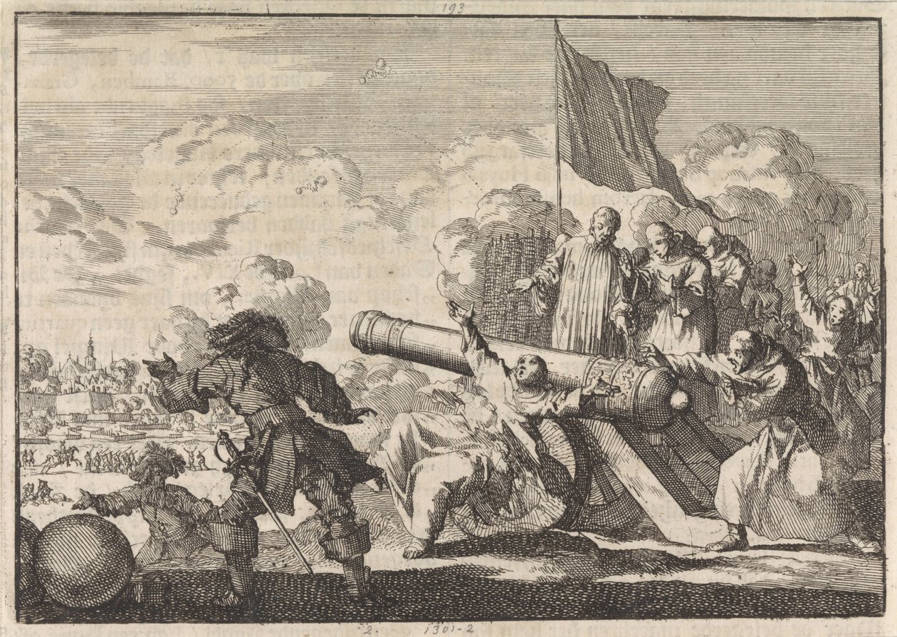 Groningenin piiritys, jossa kuusi munkkia siunaa tykin, 1672 tekijältä Jan Luyken