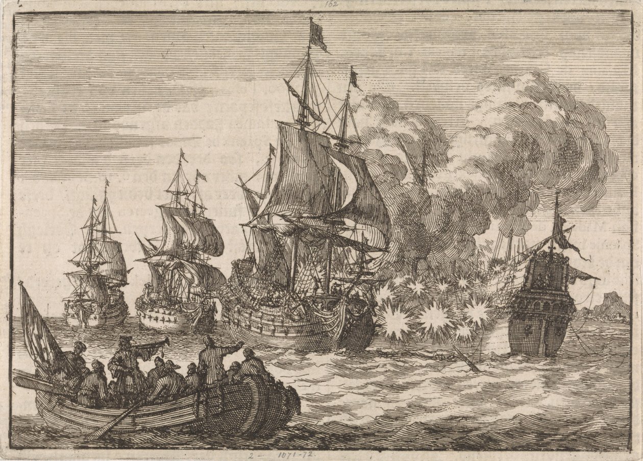 Valenciassa kolme ranskalaista laivaa hyökkää amiraali Tourvillen johdolla espanjalaisen amiraali Papachinoon, koska se ei tervehtinyt tarpeeksi nopeasti, 1688 tekijältä Jan Luyken