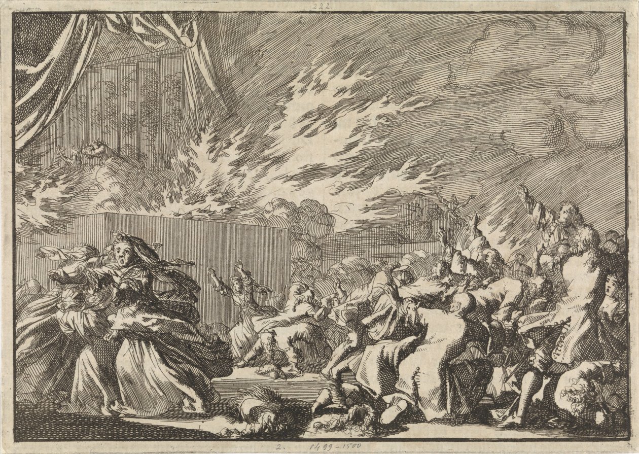 Puuvajan tulipalo, jossa teatteriesitys tapahtuu Amelienborgin linnan vieressä Kööpenhaminassa, 1689 tekijältä Jan Luyken