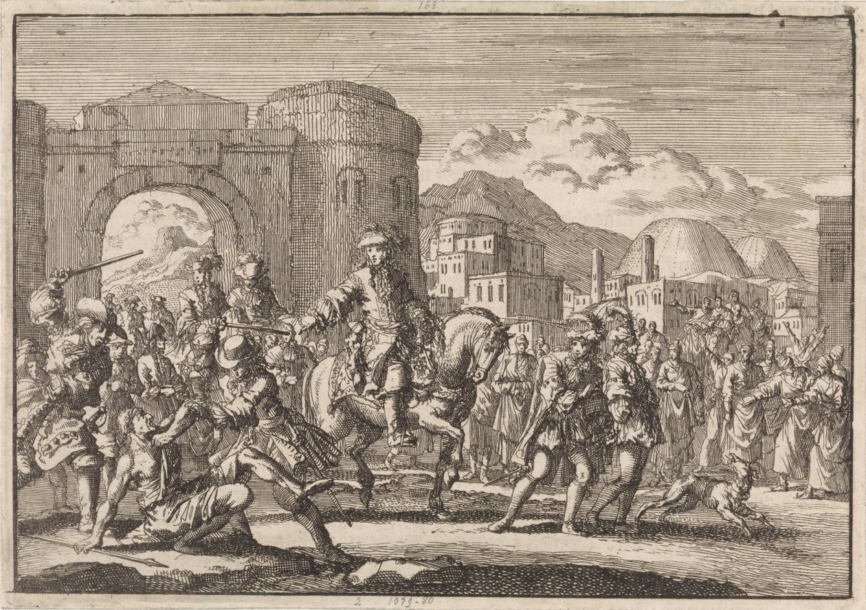 Ranskan lähettiläs sulttaanin luona saapuu Jerusalemiin hevosen selässä vuonna 1674 tekijältä Jan Luyken
