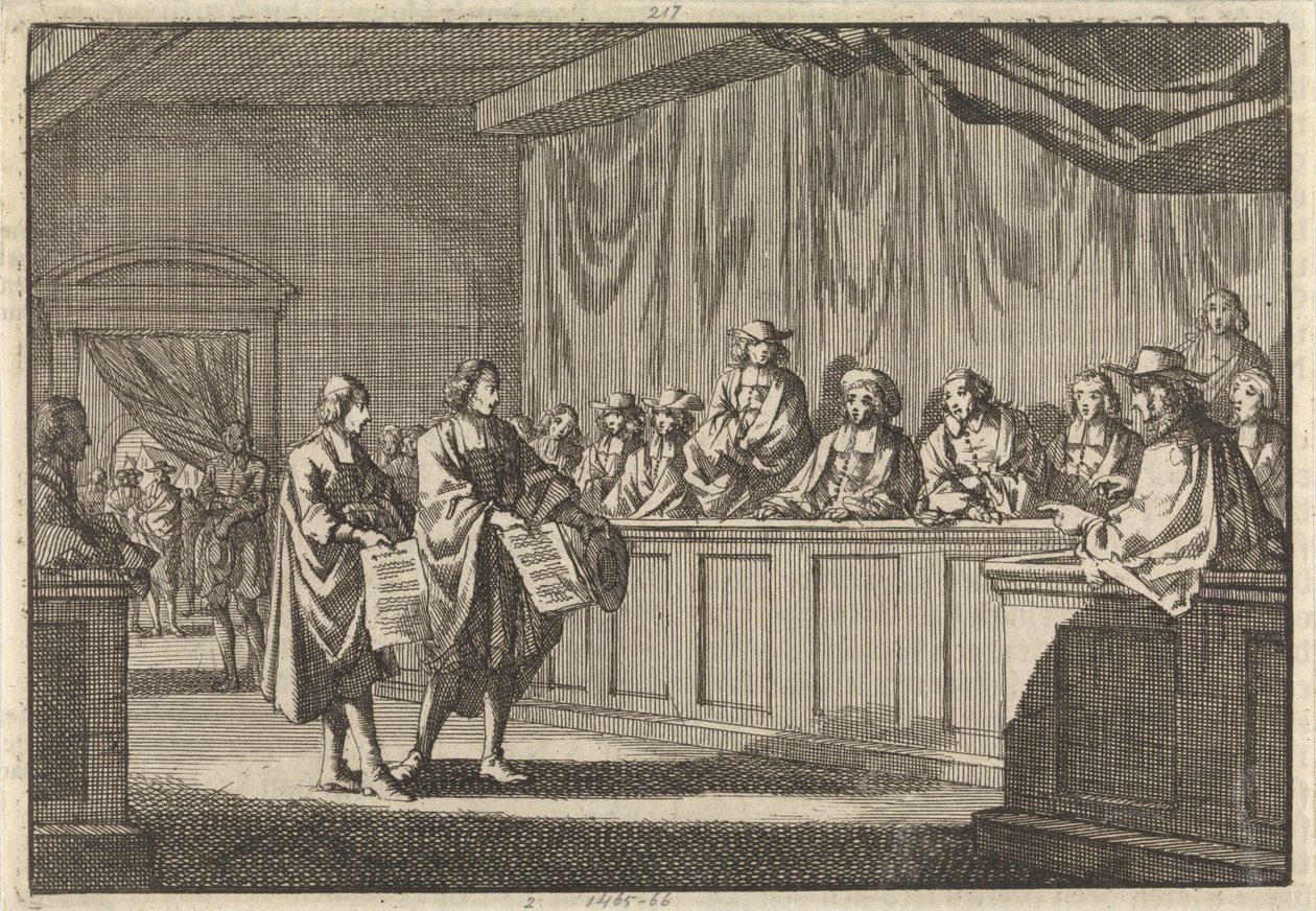 Reformoidut pastorit Gilly ja Courdil lukivat Sorgesin synodissa julistuksen, jonka mukaan he kääntyisivät katoliseen kirkkoon, 3. kesäkuuta 1683. tekijältä Jan Luyken