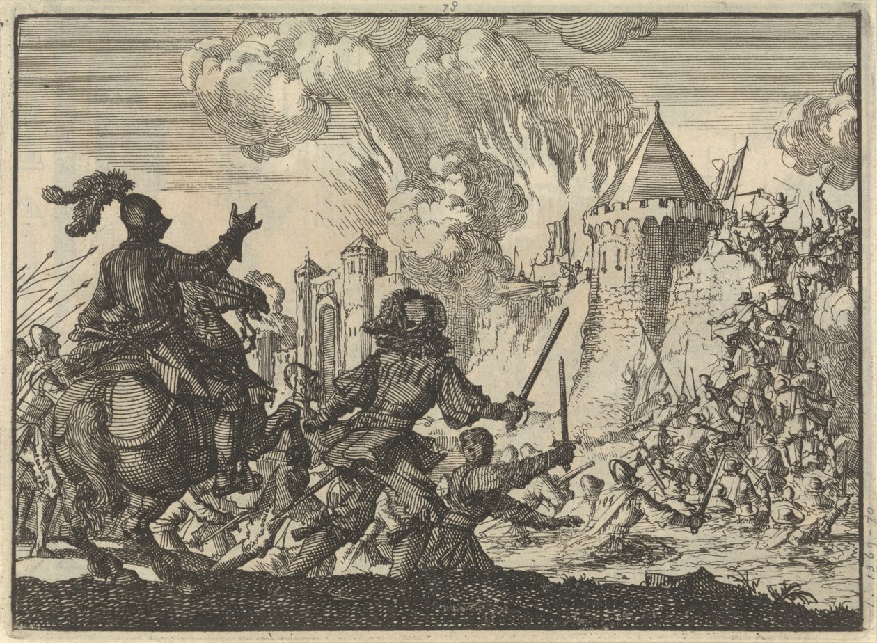 Hollantilaiset joukot ryntäsivät Tiesen muuriin vuonna 1635 tekijältä Jan Luyken