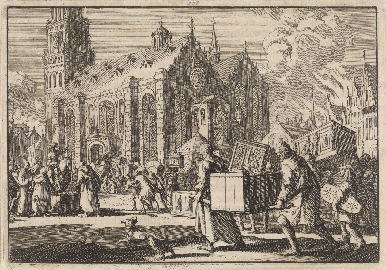 Spirersin asukkaat hyvässä uskossa tuovat huonekalunsa katedraaliin, jossa ranskalainen kenraali Monclar, 1689, polttaa ne. tekijältä Jan Luyken