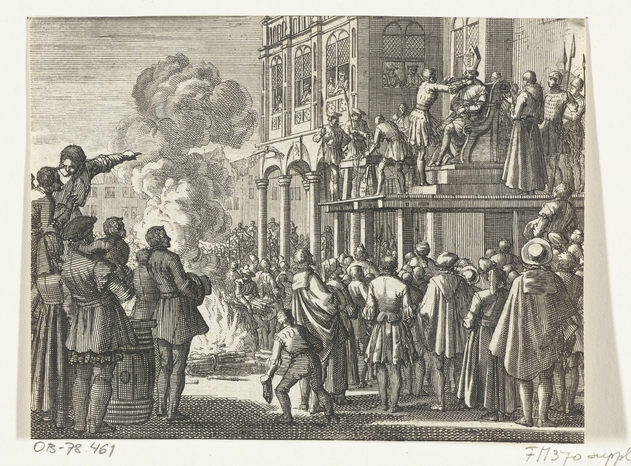 Jacob van Campen hiippa päässään mestauslavalla Amsterdamissa, 1535 tekijältä Jan Luyken