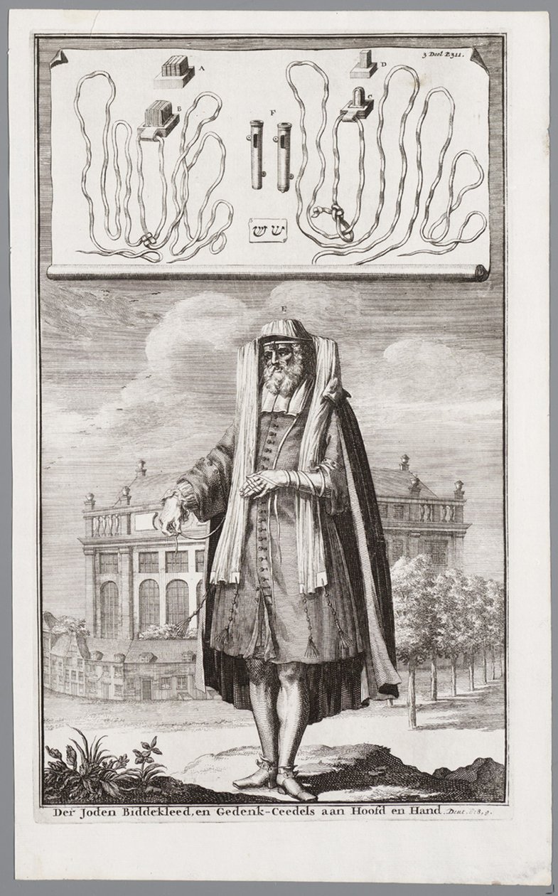 Juutalainen mies, pukeutunut rukoukseen. Taustalla Amsterdamin portugalilainen synagoga tekijältä Jan Luyken