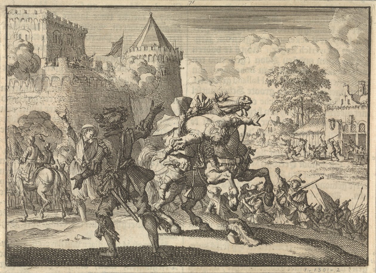 Keisarillinen komentaja Dampier putoaa hevoseltaan laukauksen jälkeen Presburgin (Bratislava) muureista, 1620 tekijältä Jan Luyken