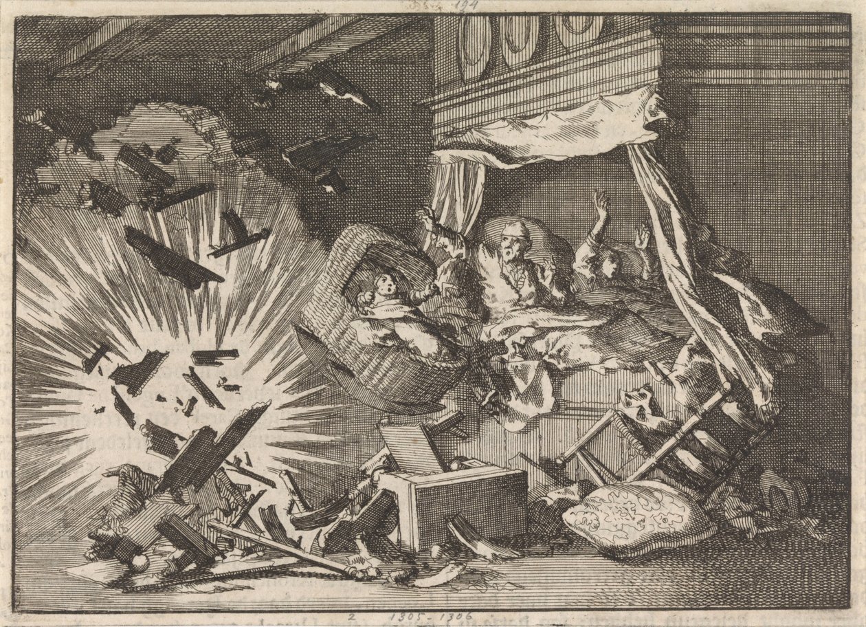 Pommin räjähdys talossa Ebbingestraatilla Groningenissa, 1672 tekijältä Jan Luyken