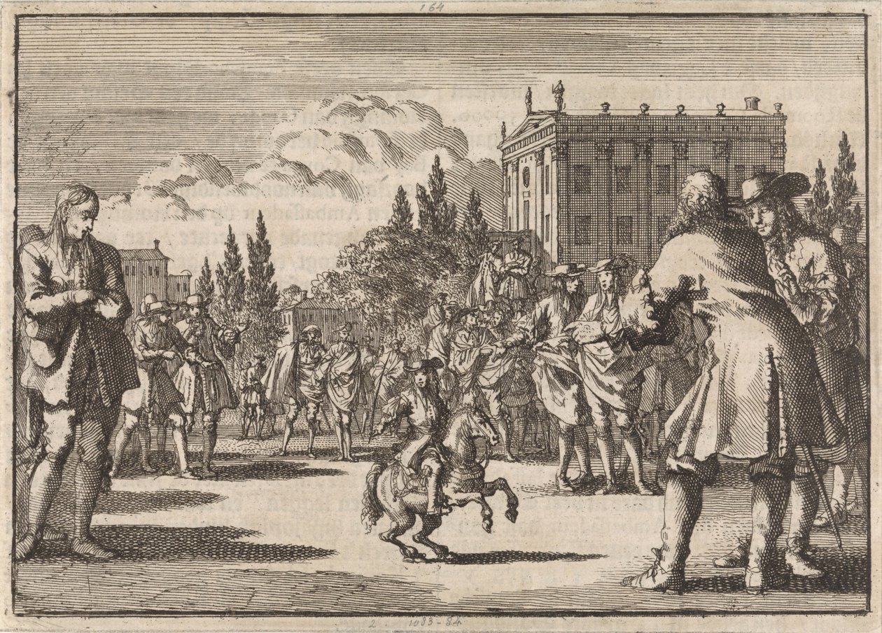 Madridin aukiolle väkijoukko on kokoontunut Louisillon, Espanjan kuninkaan kääpiön ympärille, 1675 tekijältä Jan Luyken