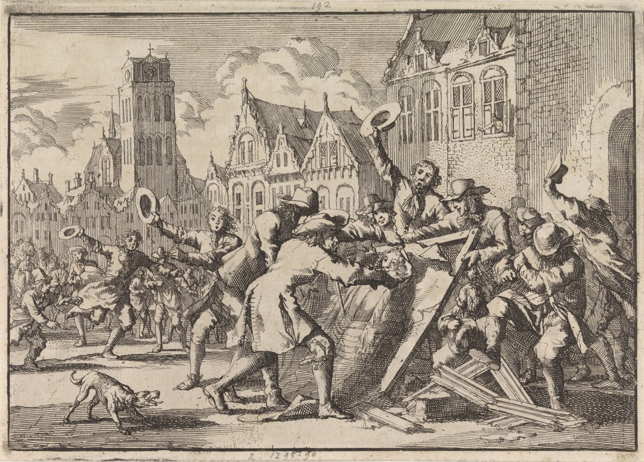 Dordrechtin mellakka, jossa ihmiset tuhosivat Cornelis de Wittin kuvan, 1672 tekijältä Jan Luyken