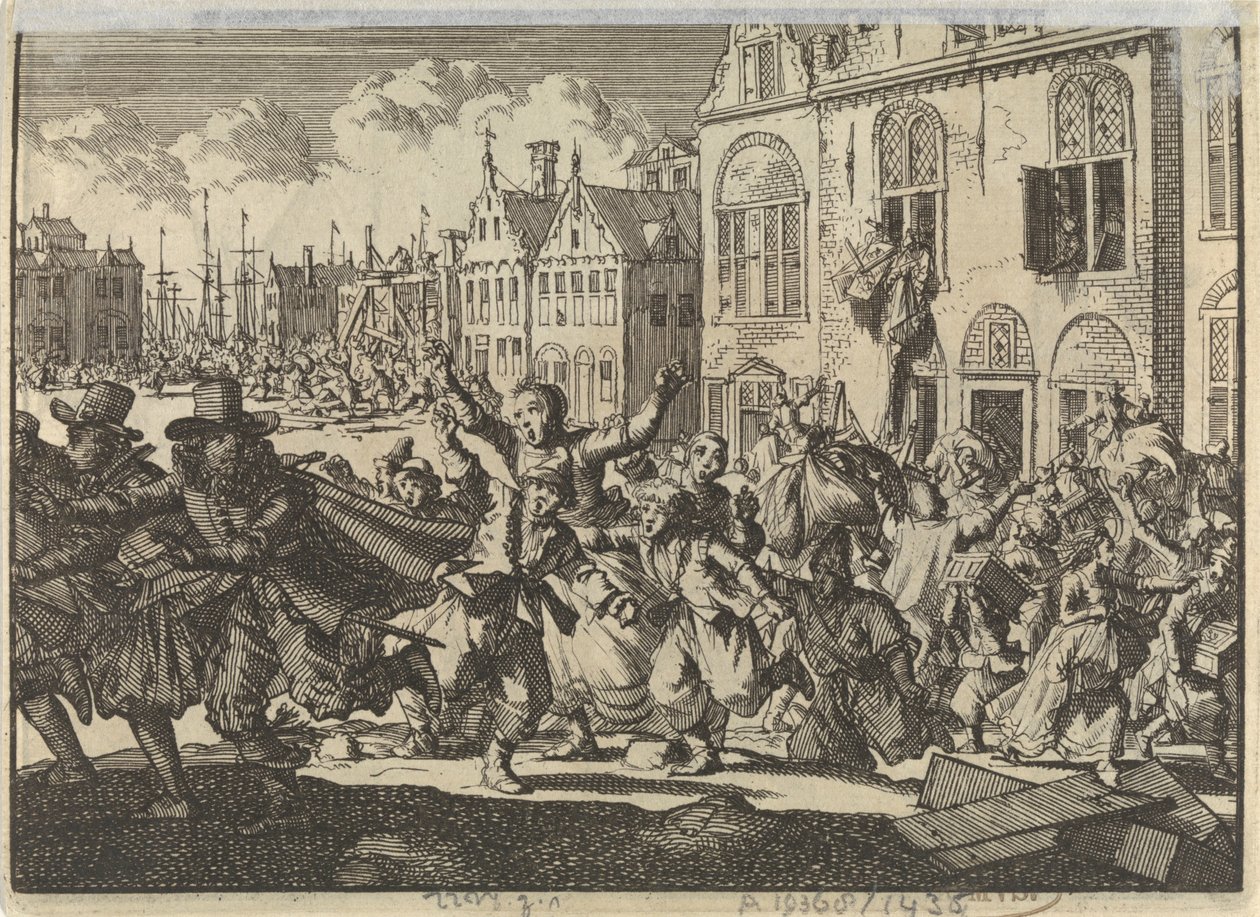 Enkhuizenin kapina, jossa vara-amiraalien Kwastin ja Turkin talot tuhoutuvat, 1635 tekijältä Jan Luyken