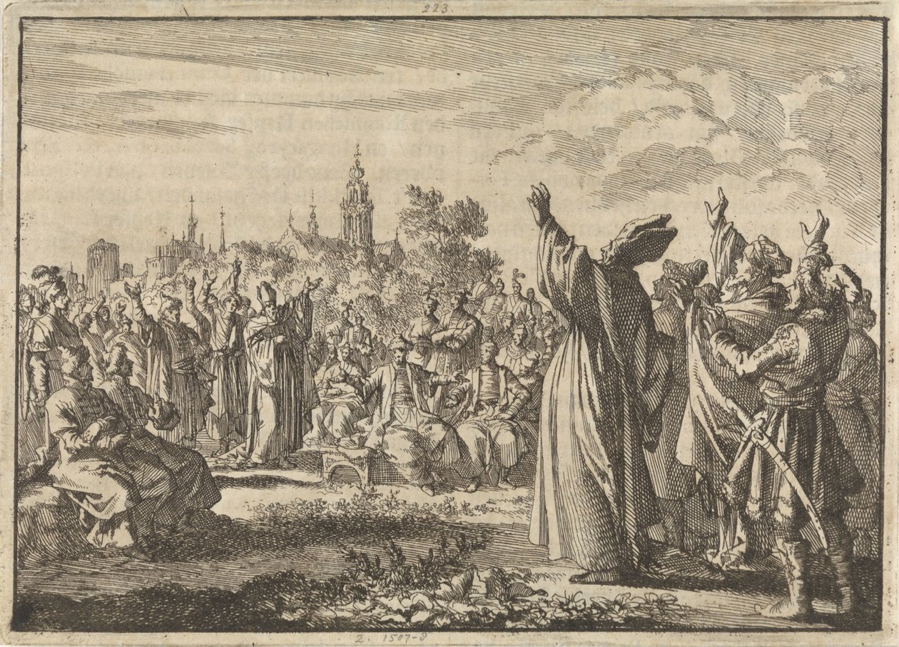 Puolan valtiopäivä, jossa toinen osapuoli julistaa kuninkaaksi Augustus II Vahvan ja toinen osapuoli ranskalaisen Louis of Bourbon-Contin, 1697 tekijältä Jan Luyken
