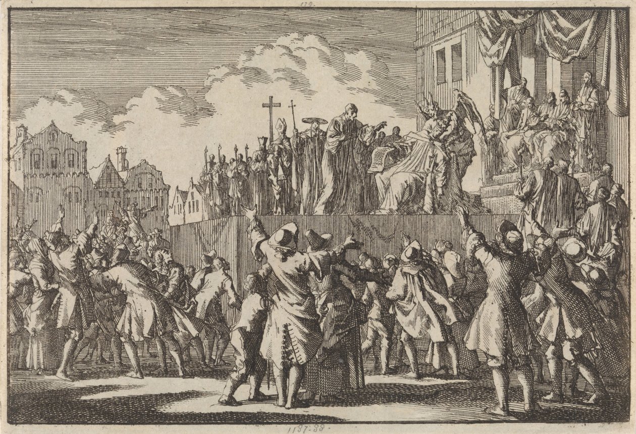 Katolinen kohtaus Aberdeenissa pilkkaa katolista uskontoa, 1689 tekijältä Jan Luyken