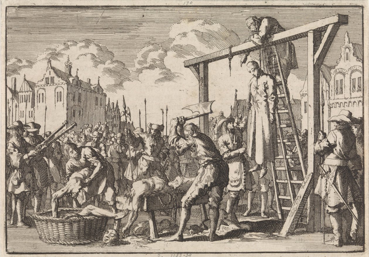 Lontoossa jesuiitta William Ireland hirtetään ja John Grove asetetaan aiottuun hallinnonmurhaan, 1679 tekijältä Jan Luyken