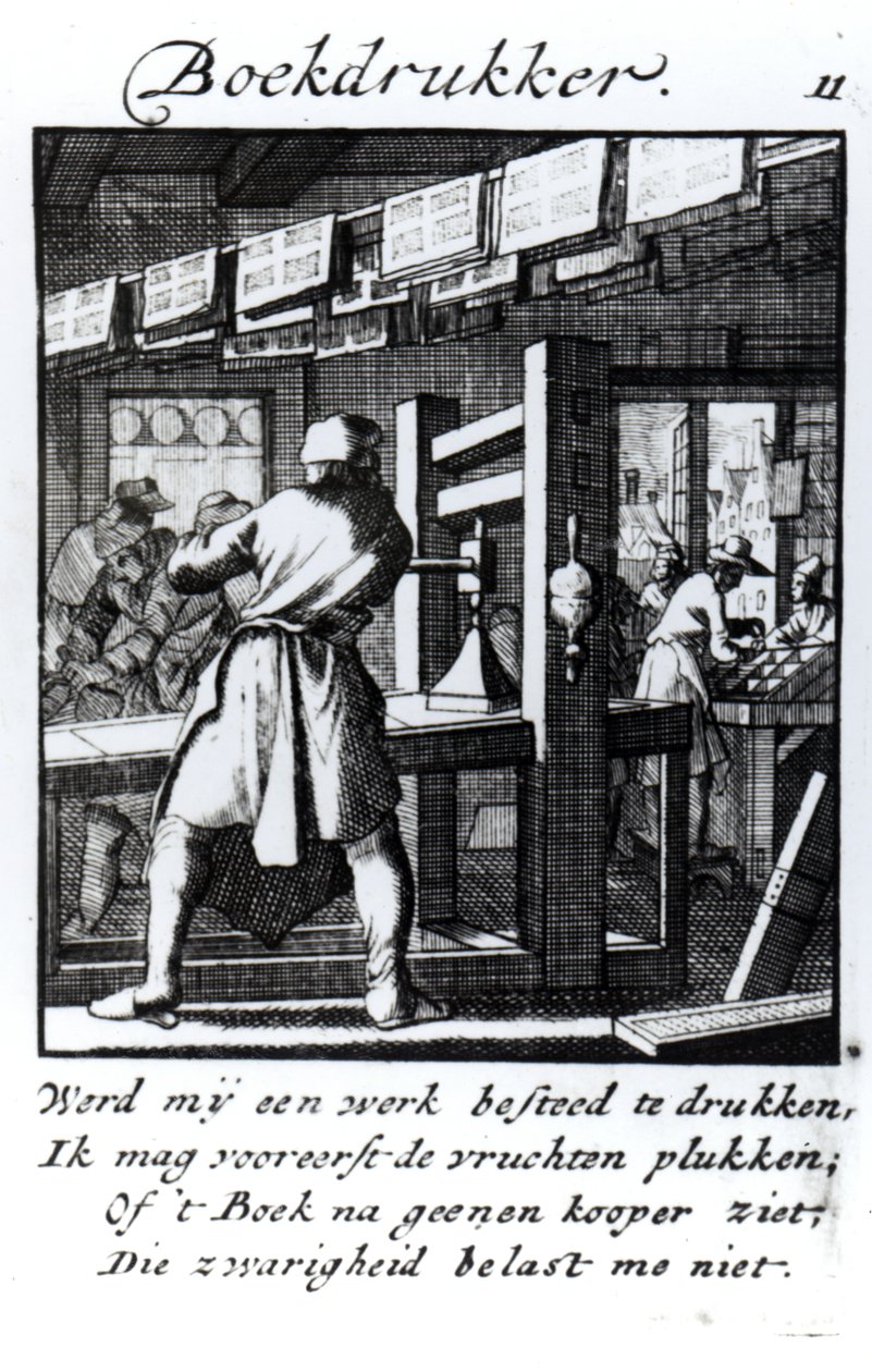 Kirjapainokone, Abraham van St. Claran ammattikirjasta "Iets voor Allen", 1736 (kaiverrus) tekijältä Jan Luyken