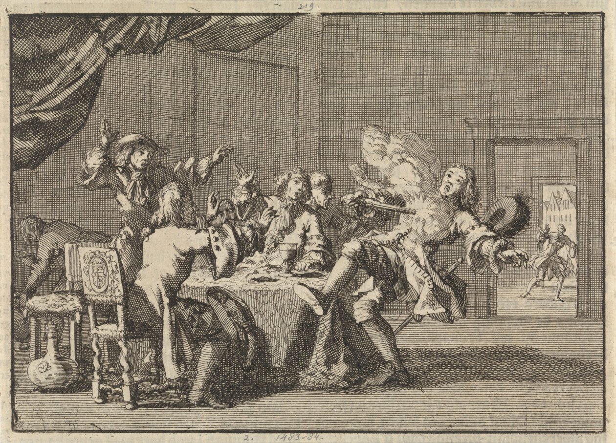 Thomas Tullock, Skotlannin kuningas James II:n kannattaja, kuolee hänen aseensa odottamattomassa laukaisussa, 1690 tekijältä Jan Luyken