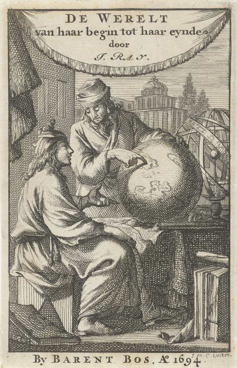 Kaksi miestä tutkii maapalloa Nimisivu artikkelille: J. Ray, Maailma alusta loppuun, 1694 tekijältä Jan Luyken