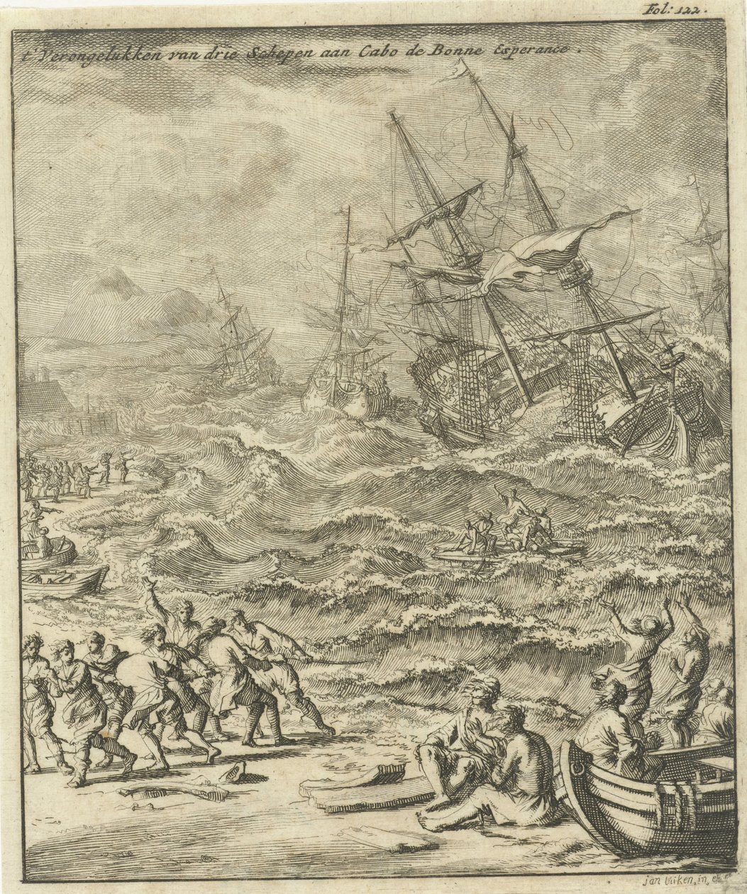Haaksirikko Hyväntoivon niemellä, 1693 Kolmen laivan törmäys Cabo de Bonne Esperancessa (otsikko esineessä) tekijältä Jan Luyken