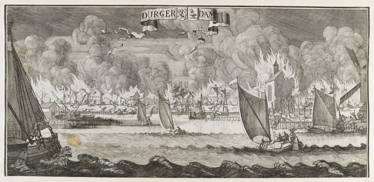 Näkymä Durgerdamin kylästä, lähellä Amsterdamia, vuoden 1687 palon aikana (kaiverrus) tekijältä Jan Luyken