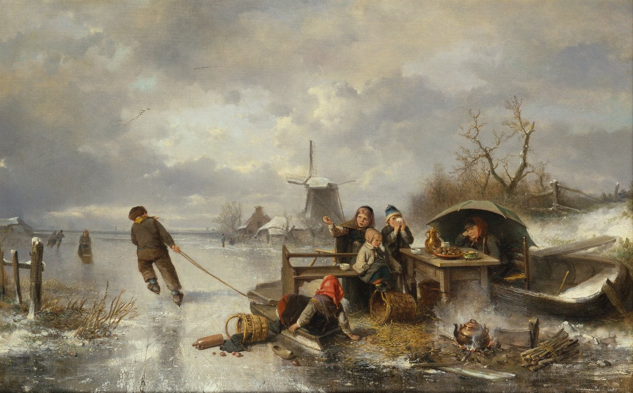 Lapset leikkivät jäätyneellä järvellä talvimaisemassa (öljy kankaalle) tekijältä Jan Mari Henri Ten Kate
