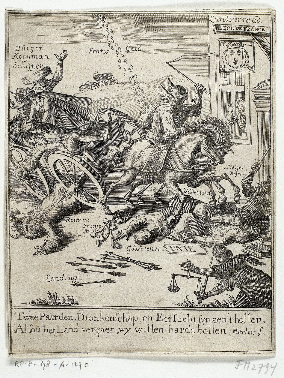 Sarjakuva Amsterdamin väitetystä ranskalaismielisyydestä, 1690 tekijältä Jan Marlois