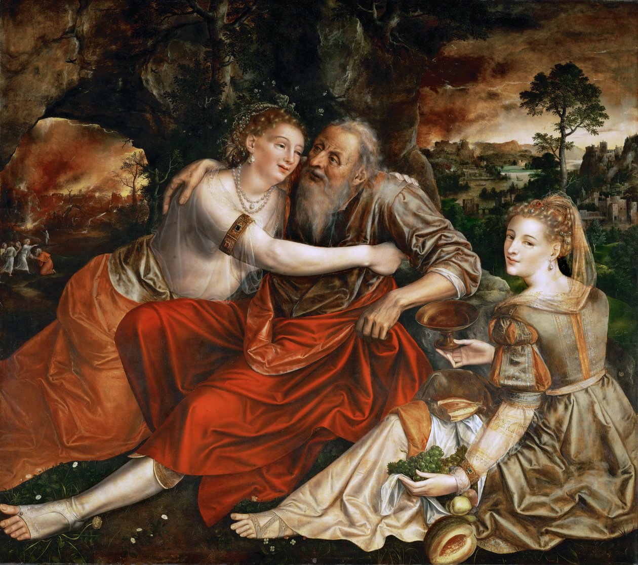 Loth et ses filles - Lot ja hänen tyttärensä - Jan Massys (Matsys, Metsys, Matsijs) (1510-1575). Öljy puulle tekijältä Jan Massys