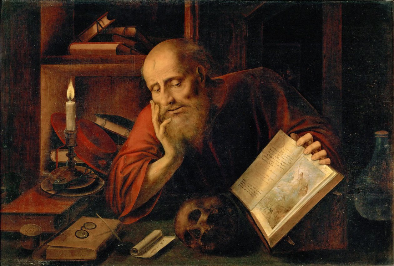 Saint Jerome, kirjoittanut Massys (Matsys), tammikuu (1510-1575). Öljy puulle tekijältä Jan Massys