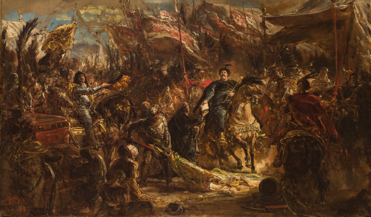 Jan III Sobieski ojentaa kaniikki Denhoffille paaville osoitetun kirjeen, jossa kerrotaan voitosta turkkilaisista Wienin luona vuonna 1683 tekijältä Jan Matejko