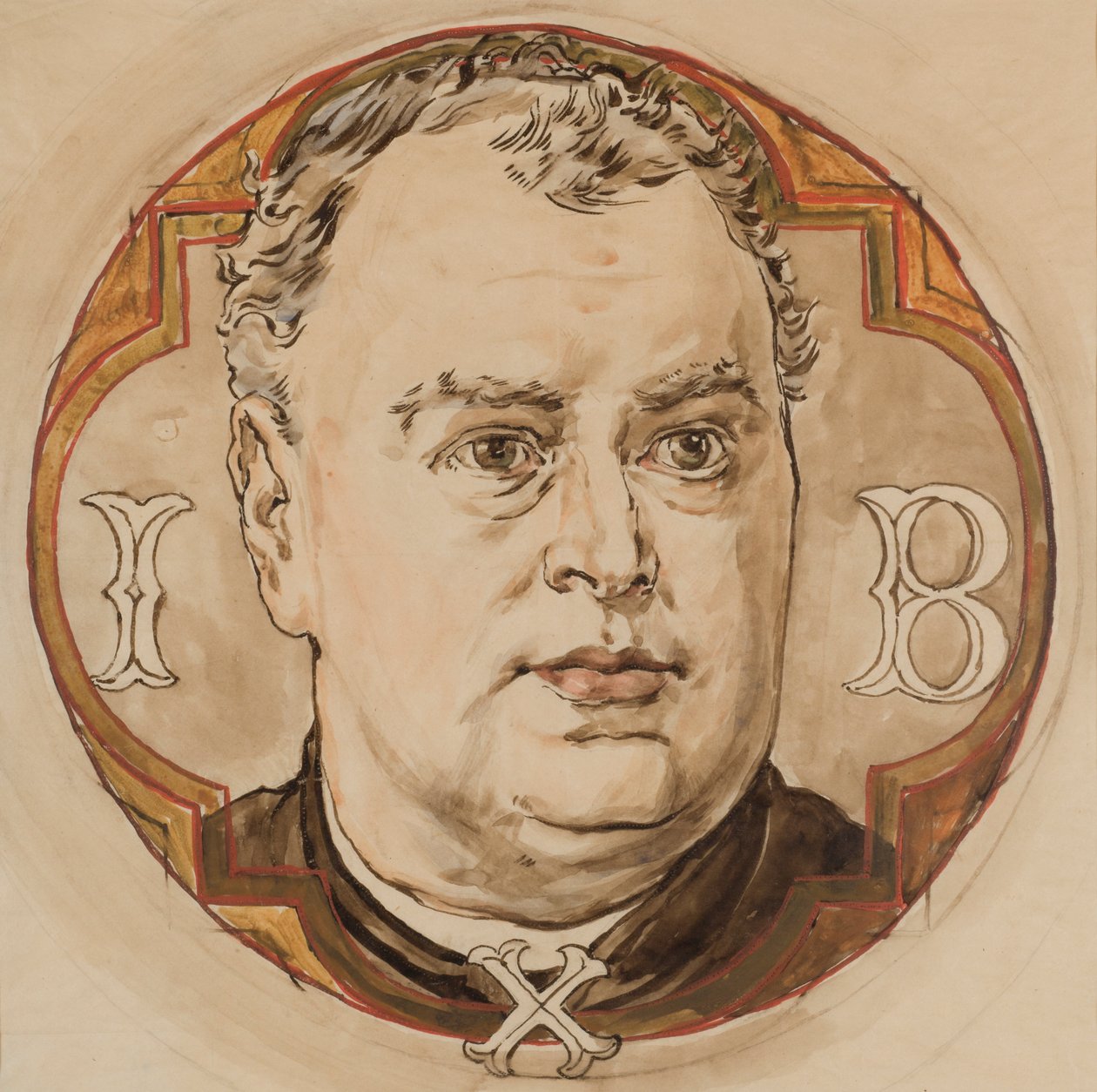 Luonnos Mariankirkon monivärimaalaukseen - miehen pää ja kirjaimet "I, B, X" (pappi Jan Bukowski) tekijältä Jan Matejko