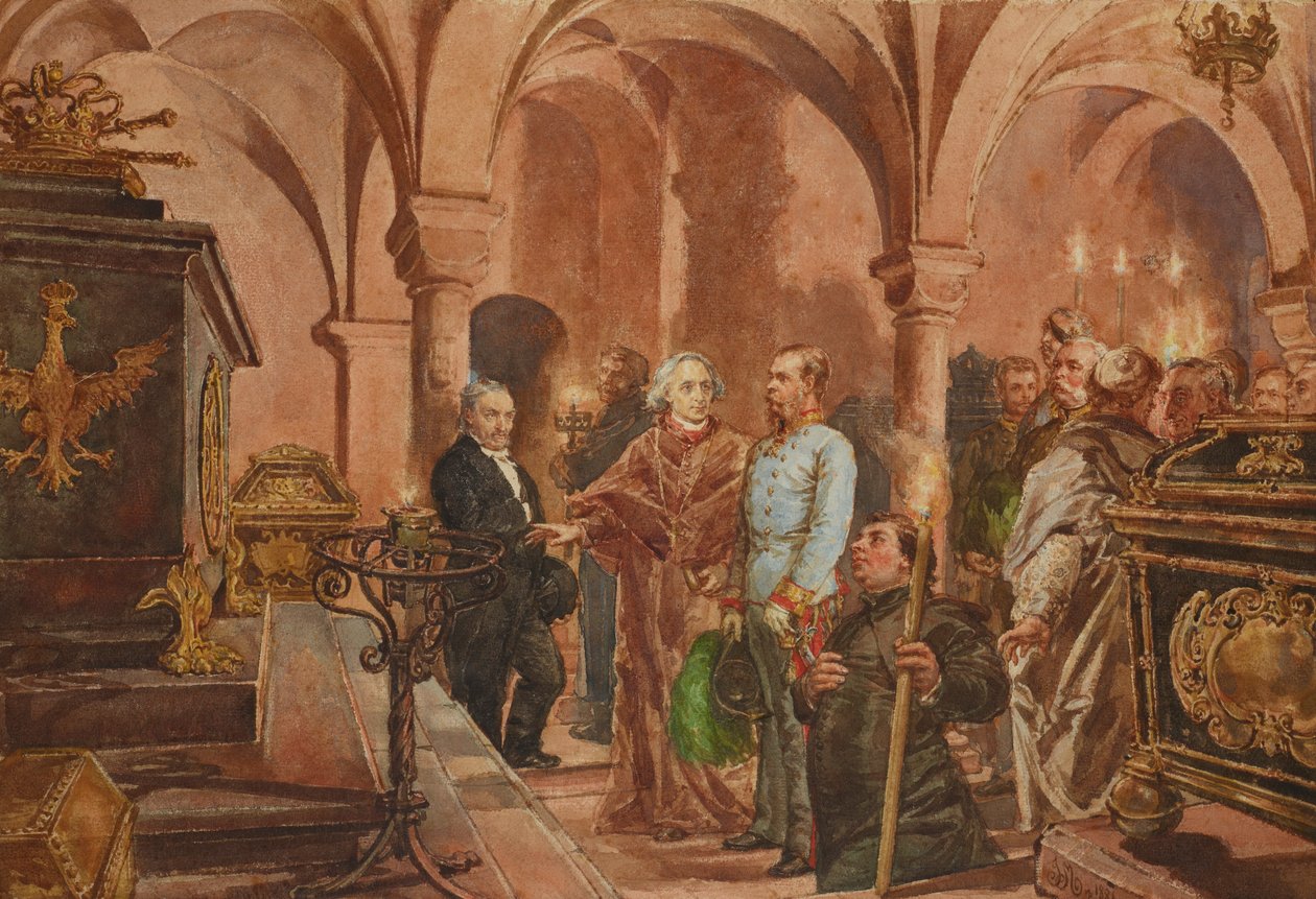 Puola: keisari kuningas Jan III Sobieskin sarkofagin edessä Wawelin katedraalin Pyhän Leonardin kryptasta. tekijältä Jan Matejko