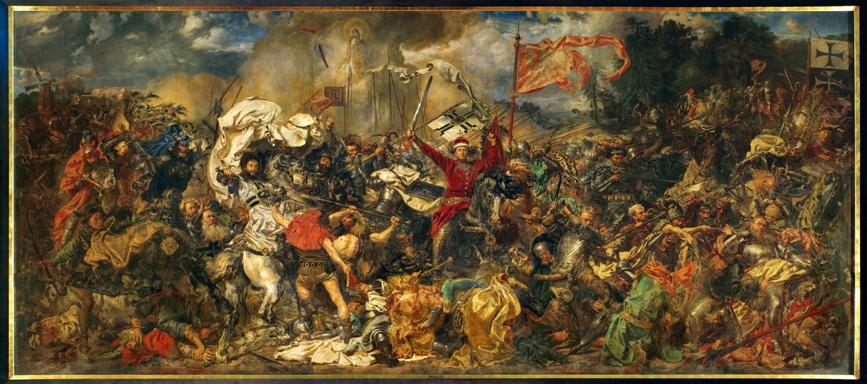 Grunwaldin taistelu, jossa Puolan kuninkaan Wladyslav II Jagiellon johtama puolalais-liettualainen armeija ... (maalaus kankaalle) tekijältä Jan Matejko