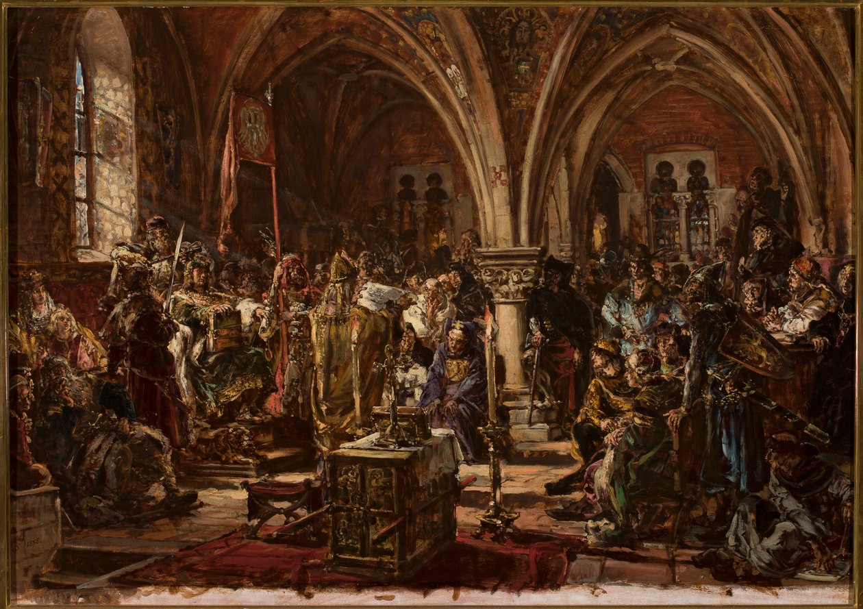 Ensimmäinen Sejm Łęczycassa. Lakien kirjaaminen, ryöstöjen hillitseminen. R.P. 1182 tekijältä Jan Matejko